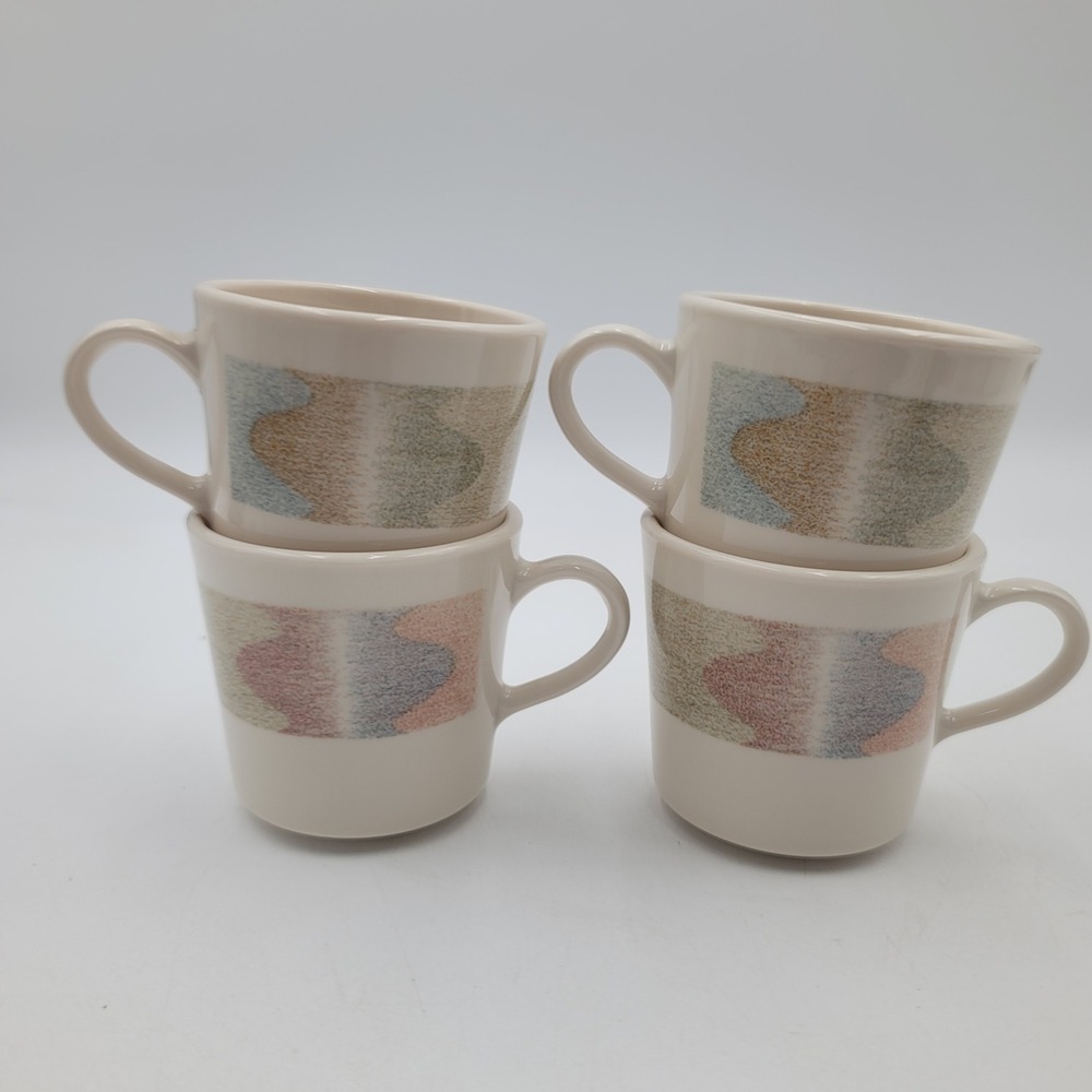 4pc Corelle Mirage Coffee Mugs Corning USA Vintage Stoneware Tan Pink Blue
